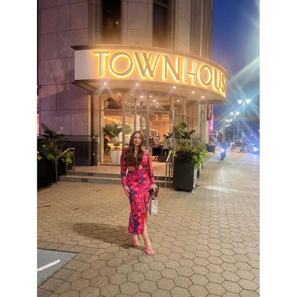 Louna Pink Blue Floral Cutout Midi Dress – Size M - Picture 5 of 16